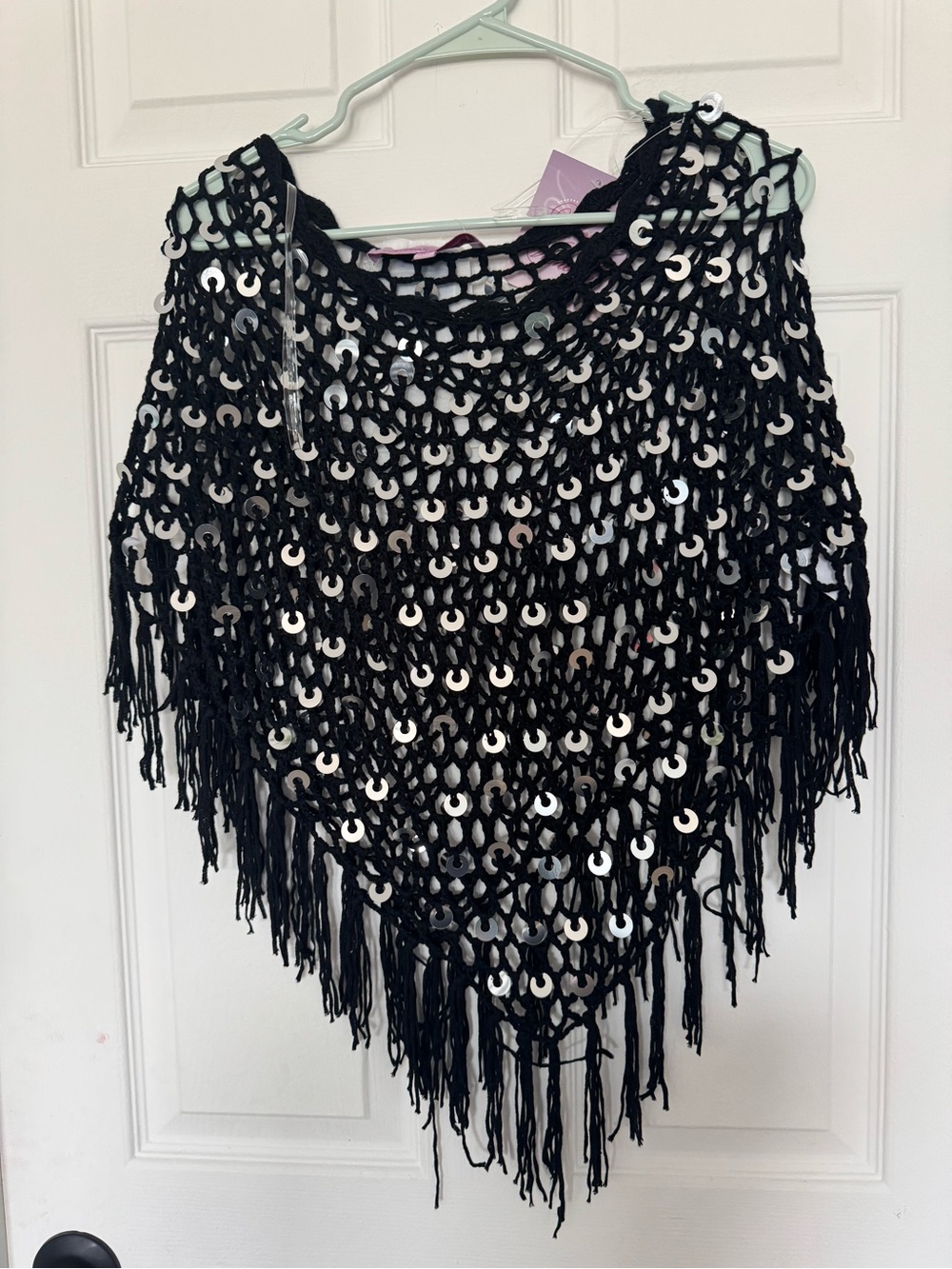 Y2k , vintage Black Sequin Crochet Fringe Poncho Sweater